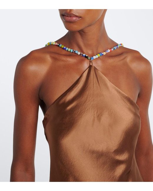 Staud Brown Cedence Beaded Satin Slip Dress