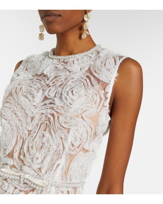 Self-Portrait White Embellished Lace-Trimmed Tulle Midi Dress