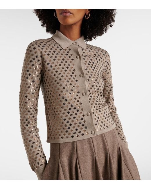 Max Mara Brown Ragno Sequined Virgin Wool Cardigan
