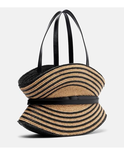 Balmain Black Raffia-Effect Striped Shoulder Bag