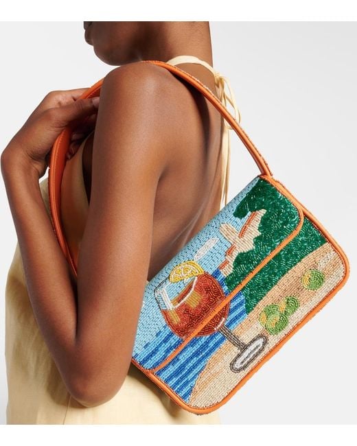 Staud Blue Tommy Small Beaded Shoulder Bag