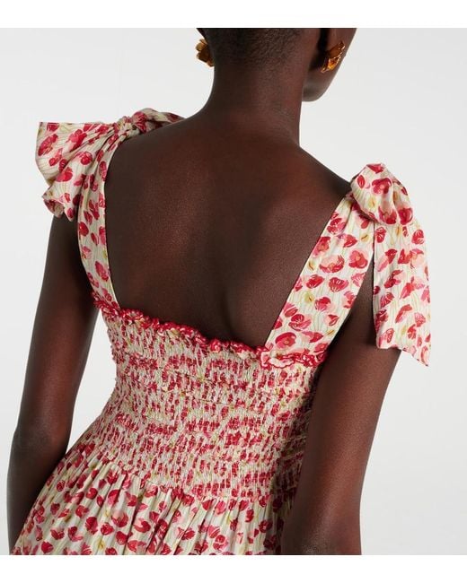 Poupette Triny Polka-Dot Shirred Midi Dress