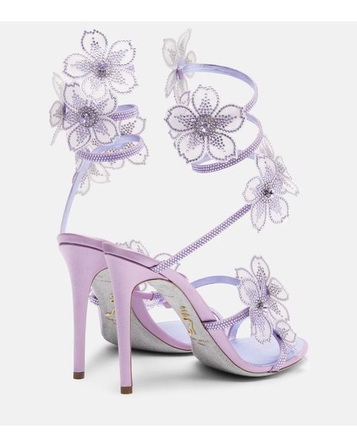 Rene Caovilla Purple Floriane Floral-Applique Satin Sandals