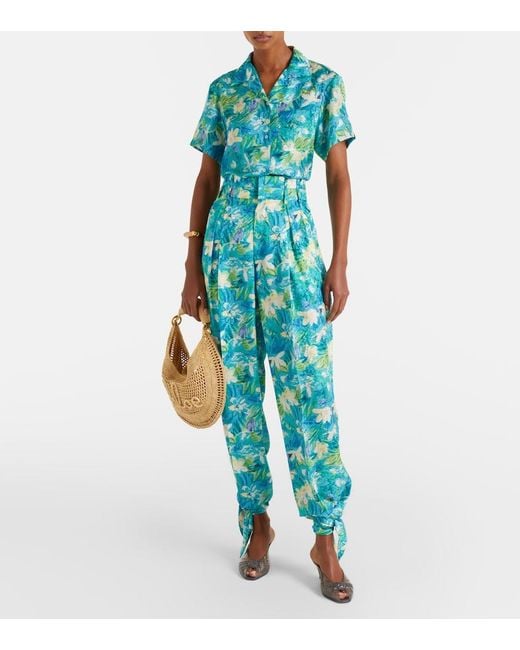Chloé Blue Floral Ribbed-Knit Cotton-Blend Top