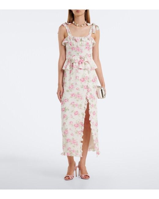 Alessandra Rich White Bow-Detail Floral Ruffled Silk Midi Dress
