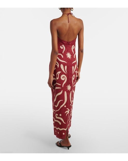 Cala De La Cruz Red Leda Printed Halterneck Linen Maxi Dress