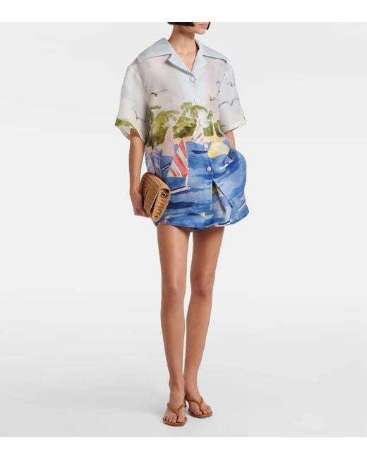 LEO LIN Blue Josie Printed Silk Shorts
