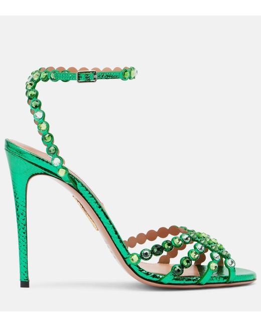 Aquazzura Green Tequila 105 Embellished Leather Sandals