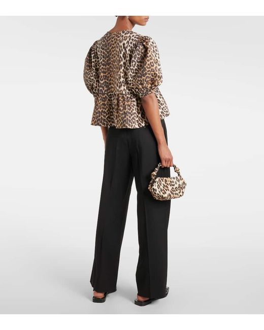 Ganni Brown Leopard-print Cotton Poplin Blouse
