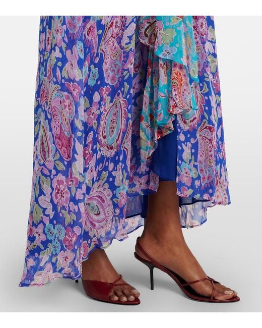 Rixo Blue Meera Floral Gathered Chiffon Maxi Dress