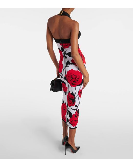 Balmain Red Floral Halterneck Jacquard Midi Dress