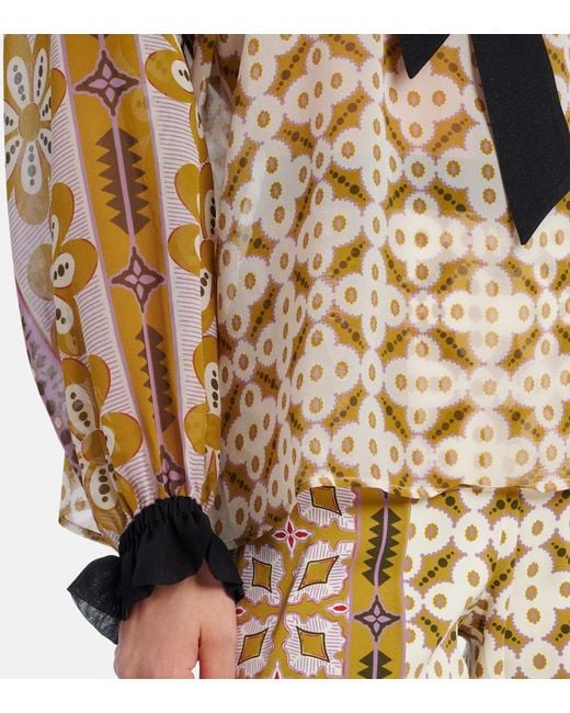 LaDoubleJ Metallic Cerere Printed Tie-Neck Silk Blouse