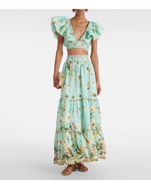 Camilla Green Floral Tiered Linen Maxi Skirt