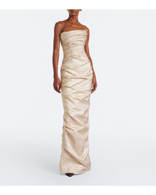 Marmar Halim Natural Draped Pleated Brocade Bustier Gown