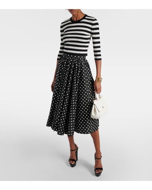 Dolce & Gabbana Black Cotton Calf-Length Circle Skirt With Polka-Dot