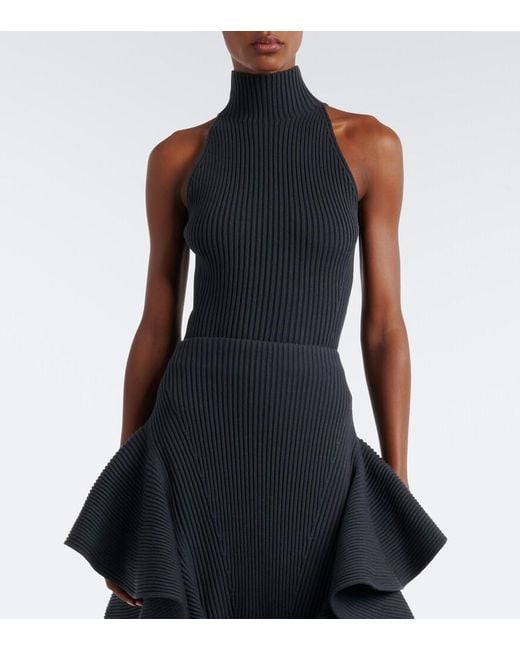 Alaïa Blue Ribbed-Knit Wool-Blend Turtleneck Top