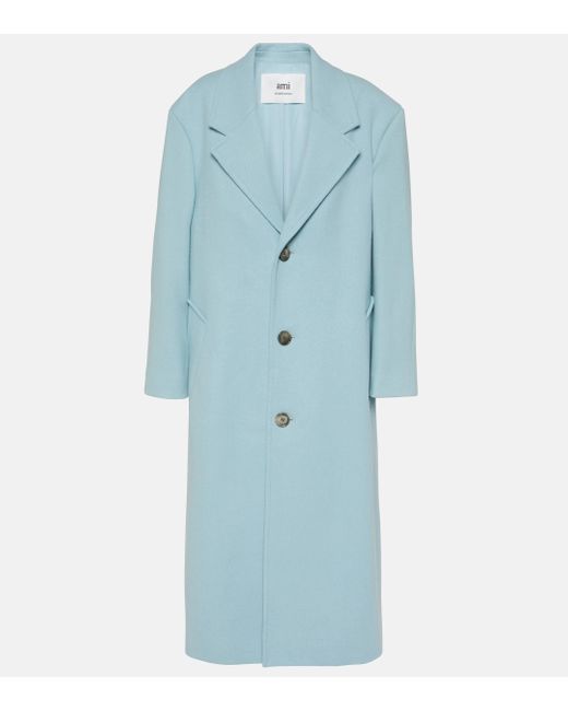 AMI Blue Single-breasted Wool-blend Gabardine Coat