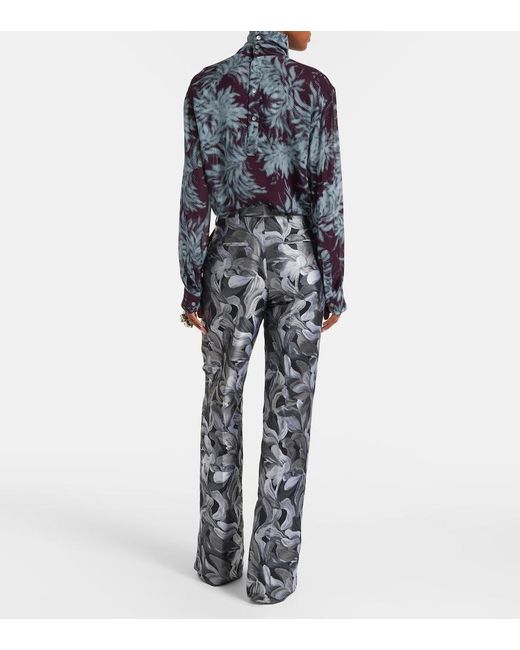 Dries Van Noten Gray Jacquard High-Rise Wool Straight Pants