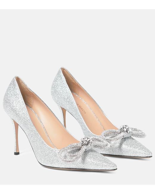 Mach & Mach White Double Bow Crystal-embellished Pumps