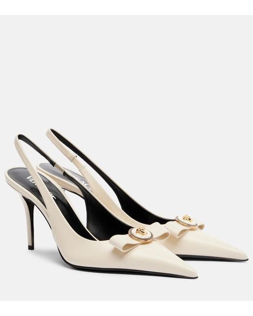 Versace White Gianni Ribbon 85 Leather Slingback Pumps