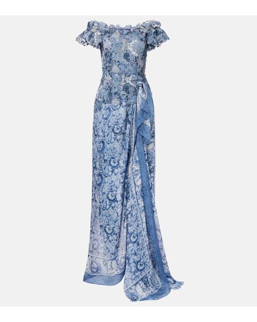 Robe Midi Ibiza A Encolure Bardot Soie A Fleurs Ralph Lauren en coloris Blue