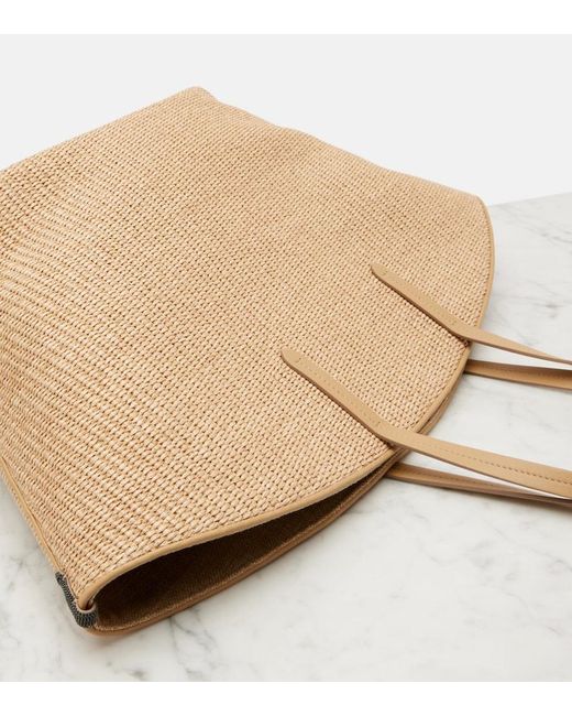 Brunello Cucinelli Natural Monili Leather-Trimmed Raffia-Effect Basket Bag