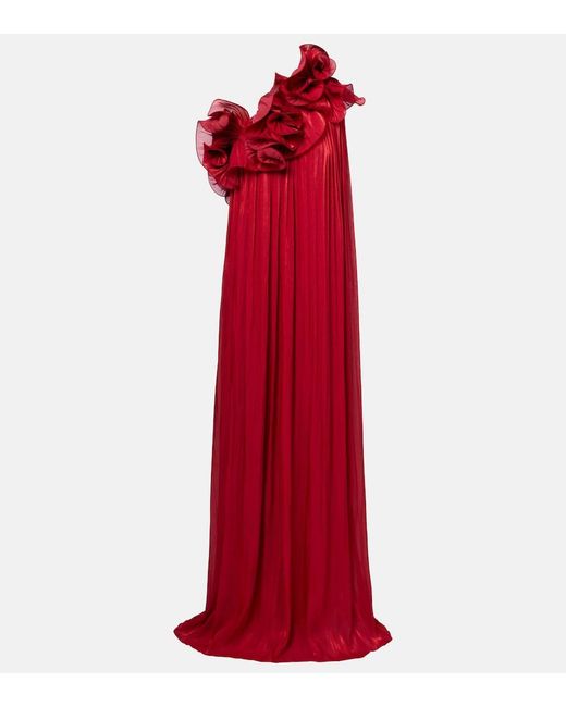Costarellos Red Charmain Ruffled Georgette Lame Gown