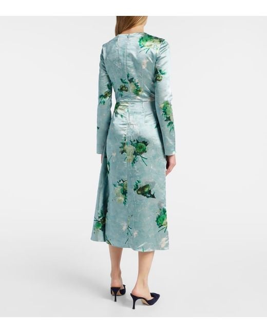 Erdem Green Draped Floral Satin Midi Dress