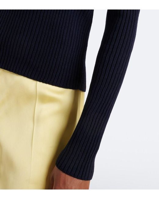 Jil Sander Blue Cutout Ribbed-Knit Wool Polo Sweater