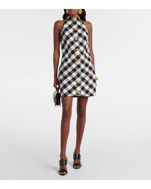 Balmain White Halterneck Cotton-Blend Tweed Minidress