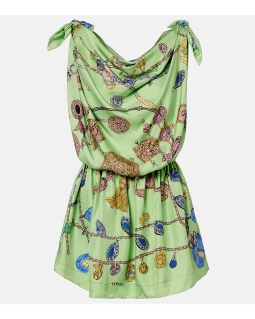 Versace Green Printed Silk Twill Minidress