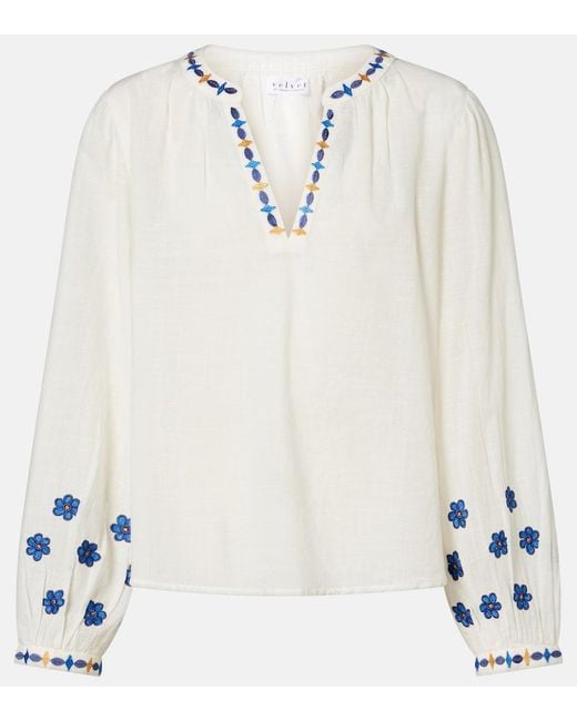 Velvet White Amani Embroidered Cotton Blouse