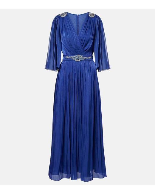 Costarellos Blue Embellished Lurex Georgette Gown