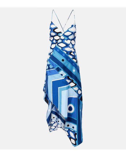 Emilio Pucci Blue Vivara Asymmetric Silk Satin Midi Dress