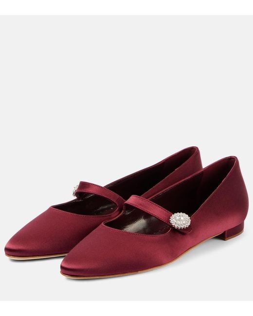 Manolo Blahnik Red Marijanaflat Embellished Mary Jane Flats