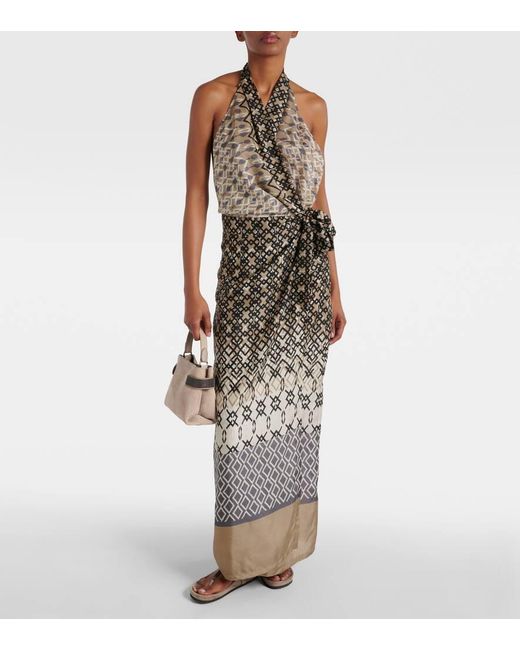 Vestido Largo De Seda Con Cuello Halter Brunello Cucinelli de color White