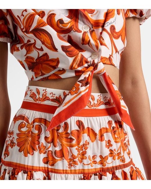 Dolce & Gabbana Red Majolica Cropped Cotton Poplin Blouse