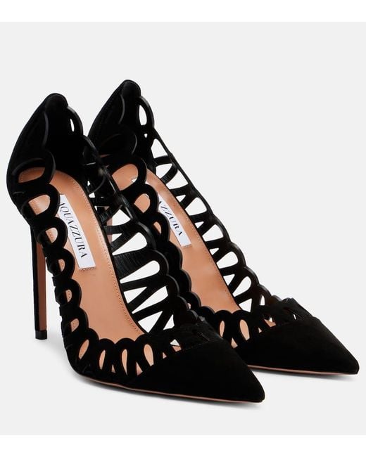 Aquazzura Black Peep 105 Scalloped Leather Pumps