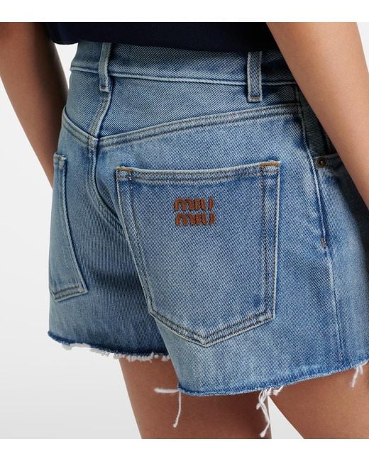Miu Miu Blue Frayed Denim Shorts