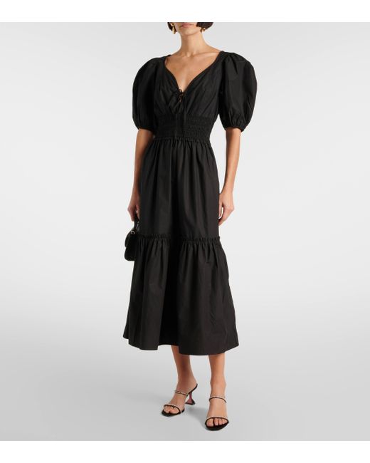 Ganni Black Smocked Cotton Poplin Midi Dress