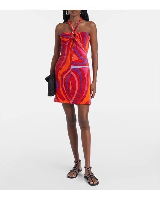 Emilio Pucci Red Marmo Embellished Cotton Terry Minidress