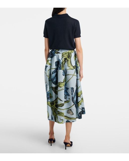 Erdem Blue Floral Cotton Poplin Midi Skirt