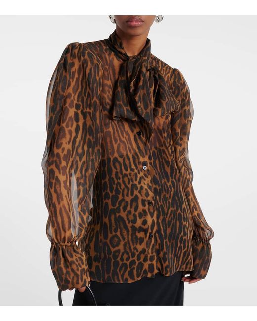 Nina Ricci Brown Tie-neck Leopard-print Silk Shirt