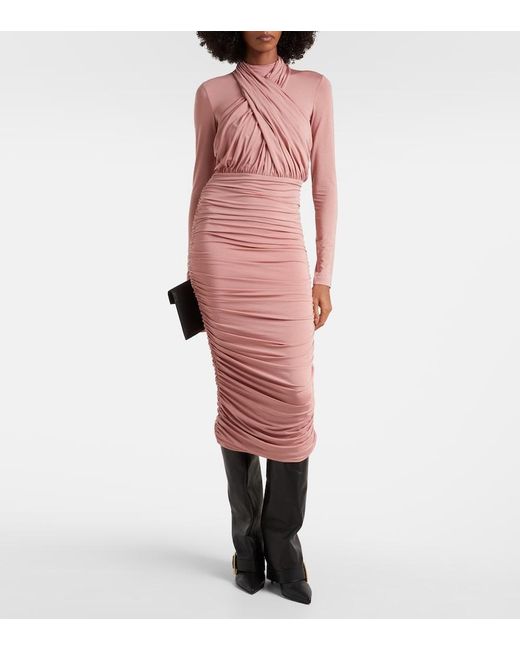 Balmain Pink Ruched Jersey Midi Dress