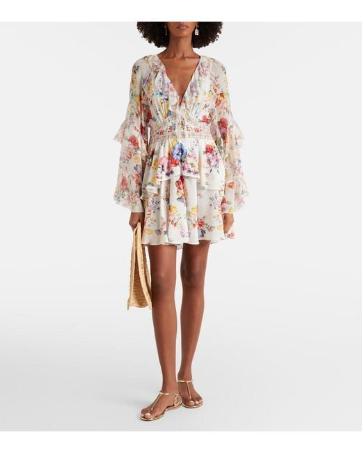 Camilla White Embellished Floral Ruffled Silk Minidress