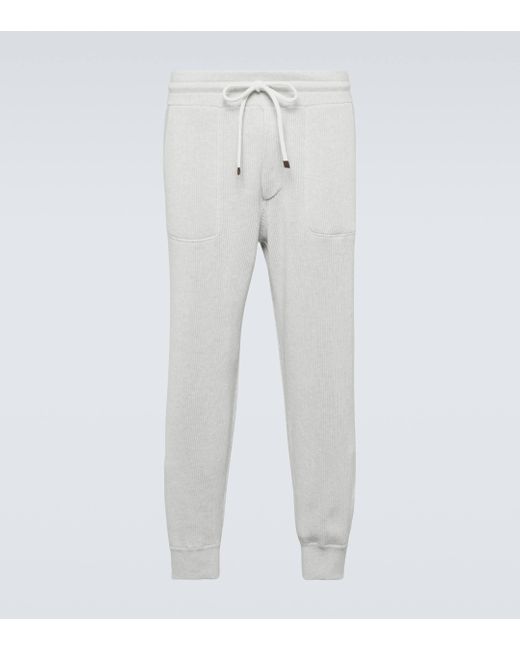 Brunello Cucinelli White Ribbed-knit Cotton Sweatpants for men