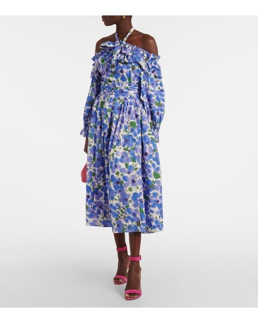 Carolina Herrera Blue Floral Cotton-Blend Midi Skirt