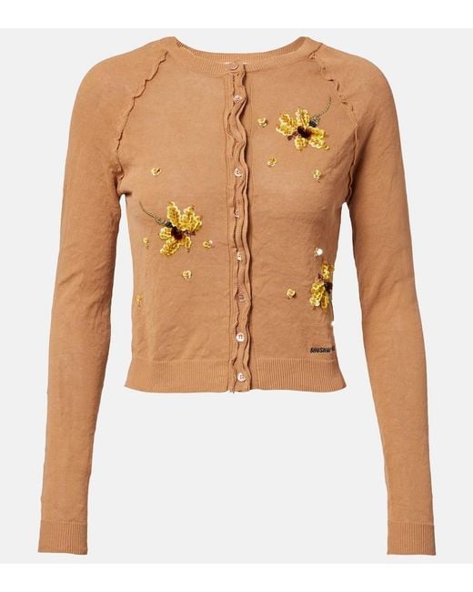 ShuShu/Tong Blue Beaded Floral Cotton-Blend Cardigan