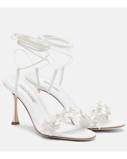Manolo Blahnik White Anista Floral-Applique Leather Sandals