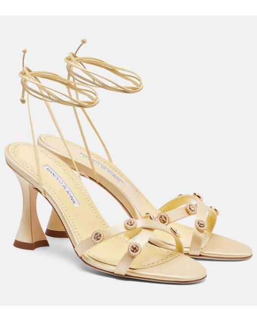 Manolo Blahnik Metallic Pelysaka 95 Embellished Satin Sandals